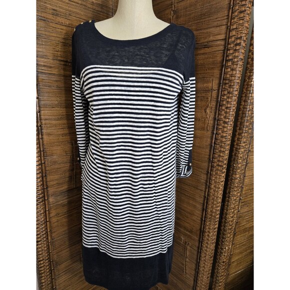 Mossimo Dutti Linen Knit Striped Navy Dress Size Medium - Picture 1 of 9